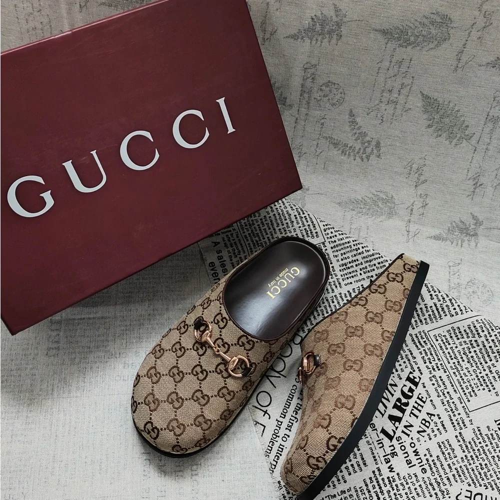 Gucci Brown GG Supreme Horsebit Slip-On Clogs